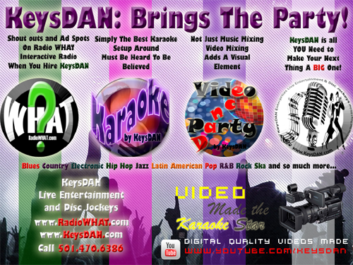 We at KeysDAN Enterprises, Inc. Live Entertainment and Disc Jockey Services would like to think that we are innovators in Computerized DJing. We use PC's and over 50,000 MP3's to suit nearly every occasion. We have tunes that will satisfy from the 40's, 50's, 60's, 70's, 80's, 90's, and today's hottest hits from nearly every genre. You pick it, we will play it. We are based out of the Arkansas DJ, Arkansas DJs, Ar DJ, Ar DJs, Event Planner Arkansas, Karaoke Ar, Arkansas Bands, Ar Band, Bergman DJ, Hot Springs DJ - Arkansas DJ, Arkansas DJs, Arkansas Wedding DJ, Bergman DJ, Bergman DJs, Conway Arkansas DJ, Hot Springs DJs, Fayetteville Ar Disc Jockey, Fort Smith Ar Disc Jockeys, Central Arkansas Entertainment, Central Arkansas DJ. We can provide Live Bands for weddings, company functions, private parties, night clubs and local bars. If you need a Bergman Arkansas band or bands we have the best.".